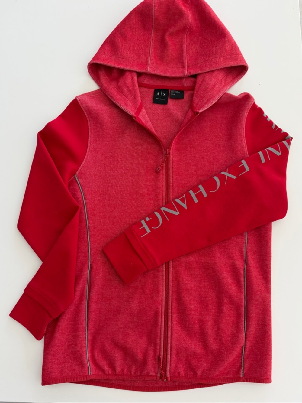 Armani Exchange Men Red Hooded Zip Sweatshirt with Logo Sleeve